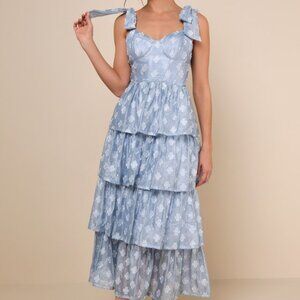 Lulus Gorgeous Excellence Light Blue Floral Burnout Tiered Midi Dress - Size XL